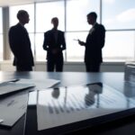 A business lawyer discussing legal documents with a client
